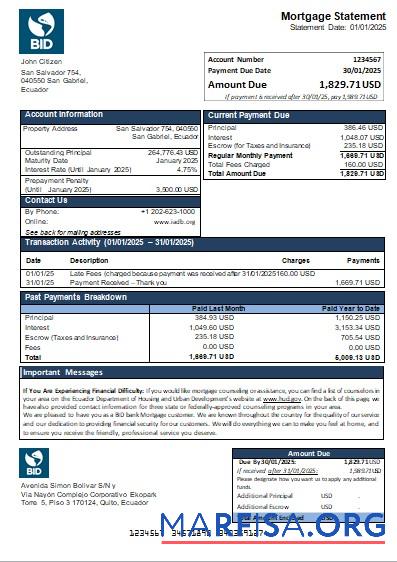 Downloadable Ecuador BID bank mortgage statement scr example